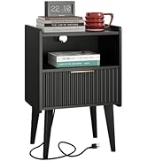 YAUKOMEL Fluted Nightstand with Charging Station, Modern Bedside Table with Drawer,Black Nightsta...