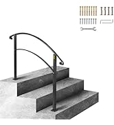 VEVOR Adjustable Metal Staircase Handrail for Outdoor Steps, 2-3 Steps Black Arch#1, Thickened St...