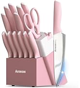 Astercook Knife Set, Kitchen Knives Set with Block and Sharpener 15 Pcs German Stainless Steel Kn...