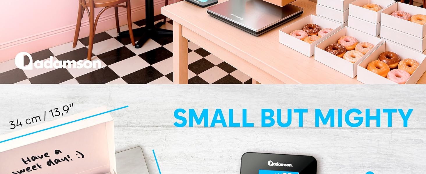 Text reads 'SMALL BUT MIGHTY'. Multiple product views showing a compact device with measurement indicators and grid pattern background.