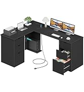 Black L Shaped Office Desk with Drawers - 66 Inch Wood Executive L-Shaped Computer Desk with File...
