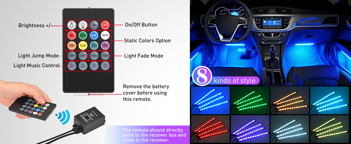 4PCS 48 LED Interior Lights DC 12V Multicolor Music Car Strip Light Under Dash Lighting Kit