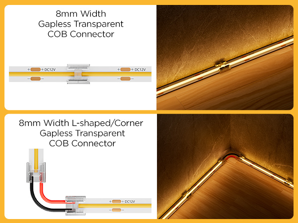 8mm width gapless transparent COB connectors: straight and L-shaped/corner variants. Shown connected to LED strips emitting warm light, demonstrating straight and corner installations.
