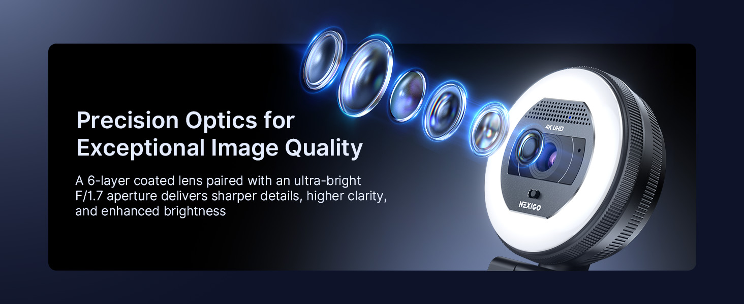 Six coated lens elements extend out from the webcam lens.