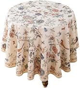 ISAENNE French Tablecloth for Round Tables,Linen Table Cloth with Flowers and Birds Pattern,Heavy...