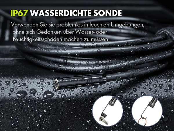 IP67 waterproof probe or sensor cable shown with water droplets, featuring connection diagrams and German text about water resistance.