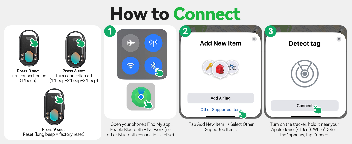 How to connect: Press the tracker button for 3 seconds, then follow the prompts in the Find app.