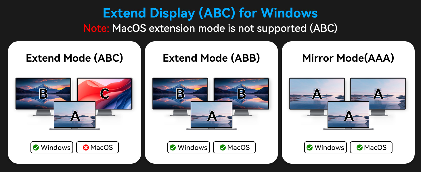 Text reads 'Extend Display (AAA) for Windows'. Technical diagram showing three different display configurations with buttons.