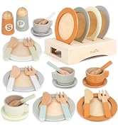 Wooden Play Dishes and Plates for Kids Kitchen Set, 27 PCS Wooden Play Kitchen Accessories, Kitch...