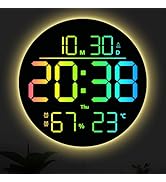 Tikonir 10" RGB Color Large Digital Wall Clock LED Display with Remote Control, Auto Dimmer, DST,...