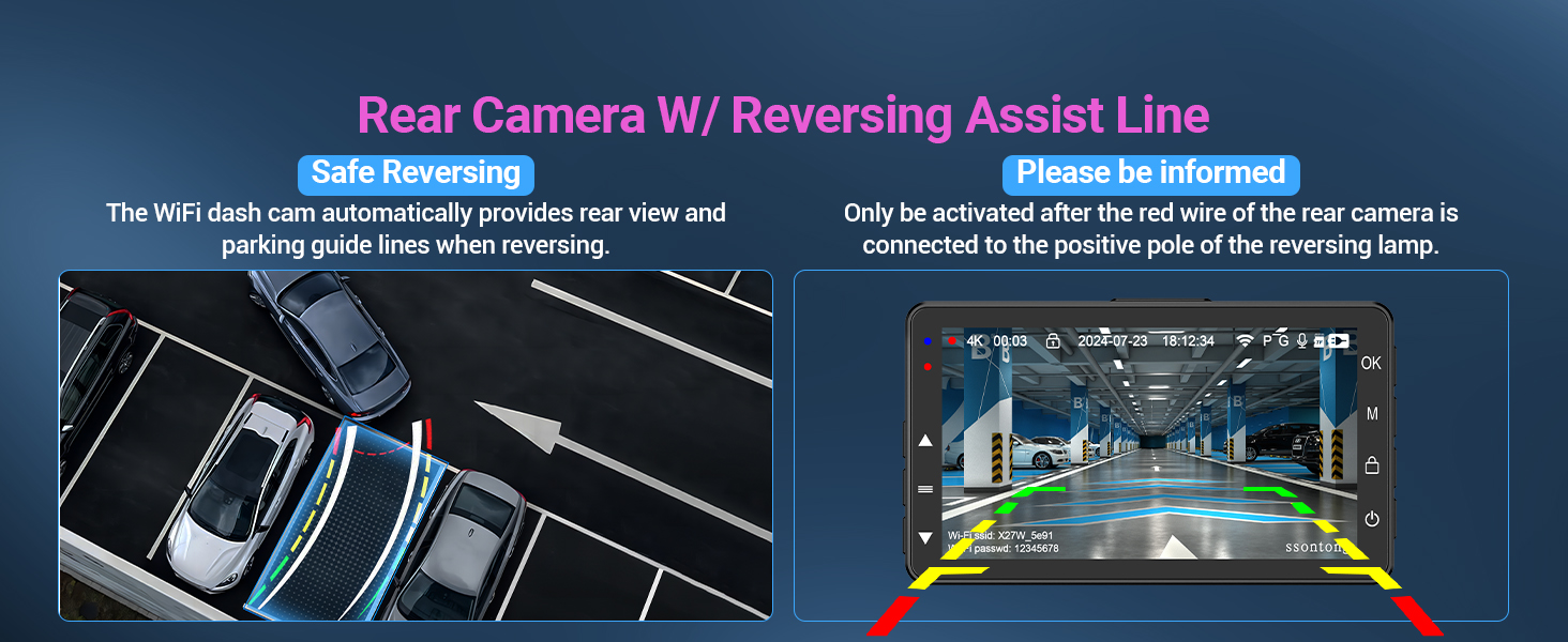Split-screen vehicle backup camera display showing parking guidance lines and rear view while reversing, with explanatory text overlay.