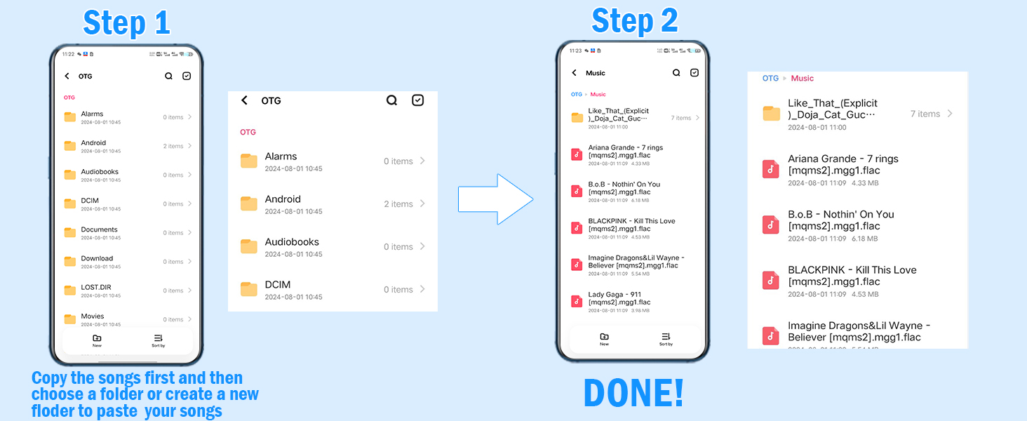The OTG cable transfers songs from the phone to the mini music player