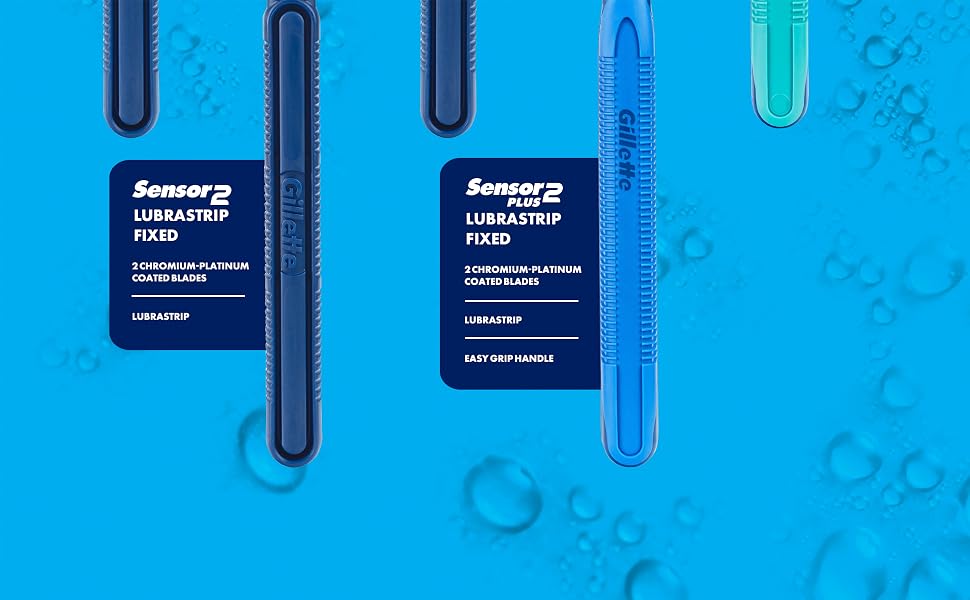 Sensor2 Lubrastrip Fixed; Sensor2 Plus Chromium Platinum coated blades, Lubrastrip, easy grip handle