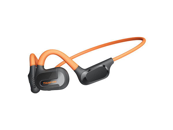 Wireless sports earbuds in black and orange design with ear hooks for secure fit during activity.