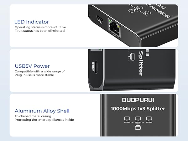3 port ethernet switch Aluminum alloy shell, LED Indicator, USB5V Power