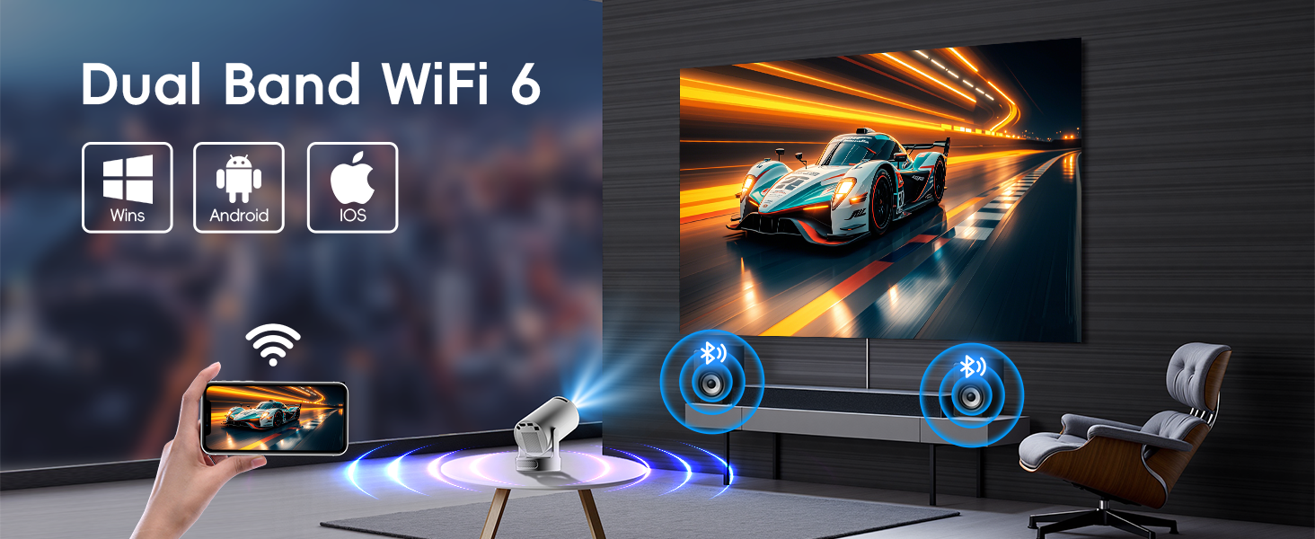 WiFi 6 dual-band router enabling wireless display of racing car image from smartphone to large TV screen. Compatible with Windows, Android, and iOS devices.