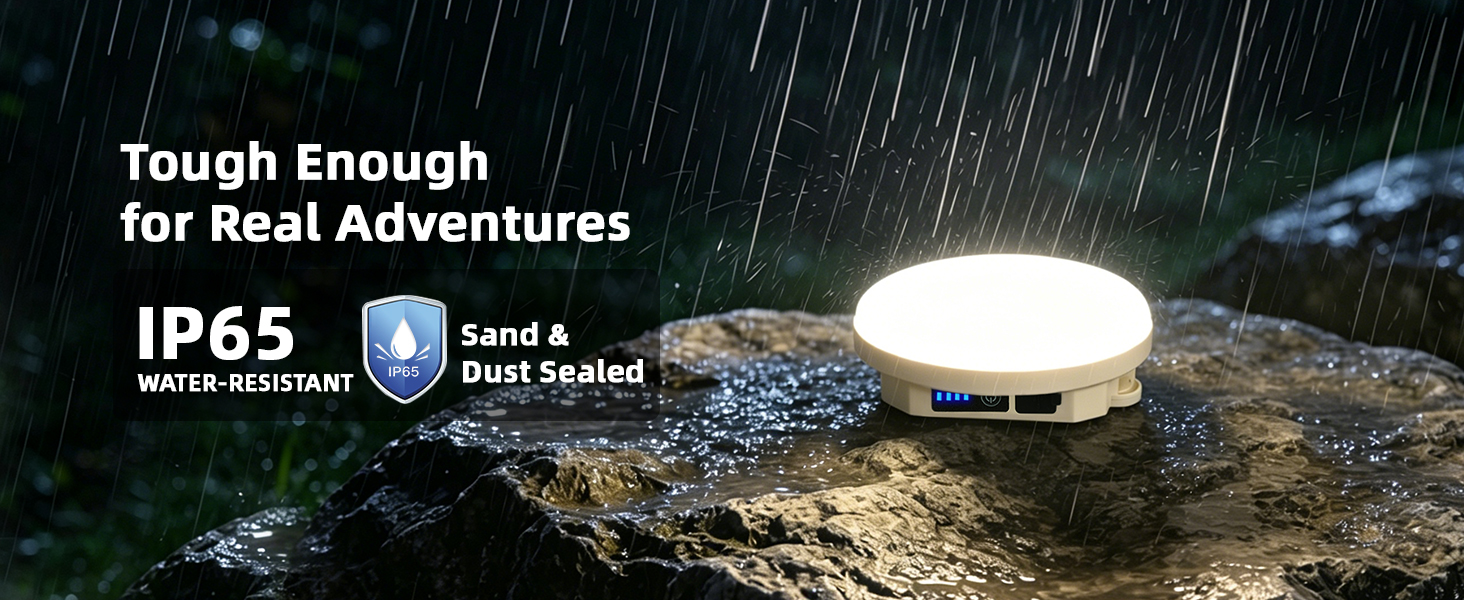 IP65 water-resistant dustproof camping lantern glowing on a wet rock in heavy rain