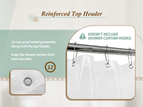 Clear peva shower curtain liner with reinforced top header durable