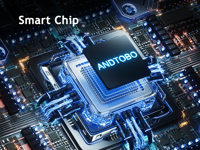 Close-up of a computer chip labeled 'ANDTOBO' on a circuit board, surrounded by glowing blue circuitry and components in a dark, high-tech setting.