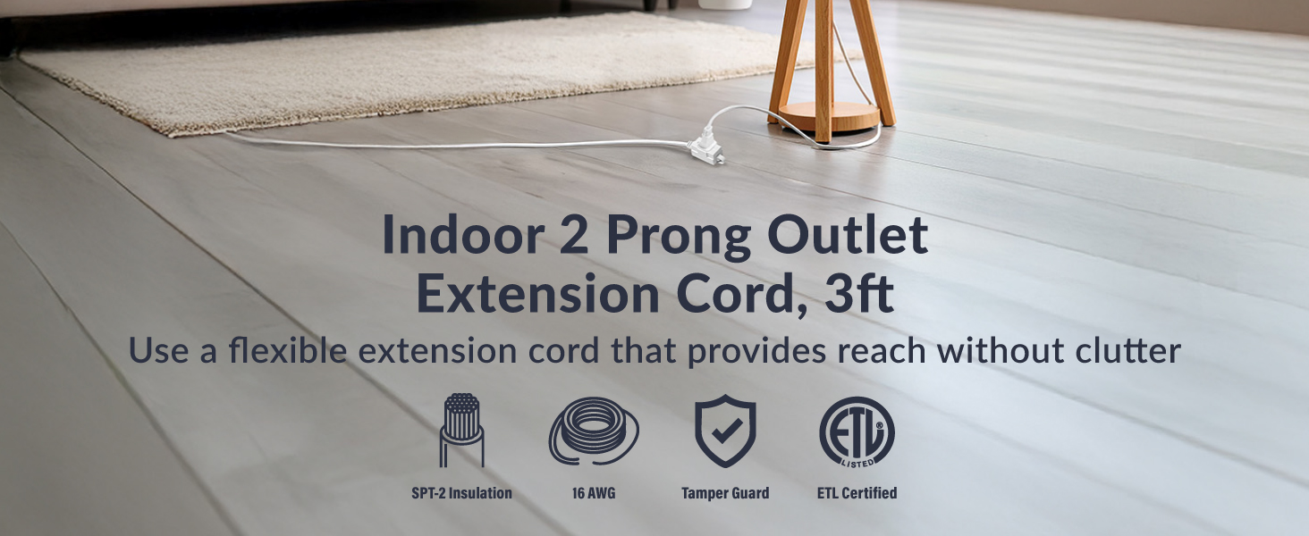 Indoor 2 Prong Outlet Extension Cord 3ft