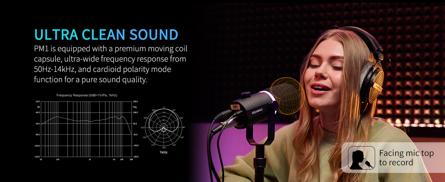 Audio equipment promotional image showing text 'ULTRA CLEAN SOUND' with technical specifications. Image includes a person singing into a microphone.
