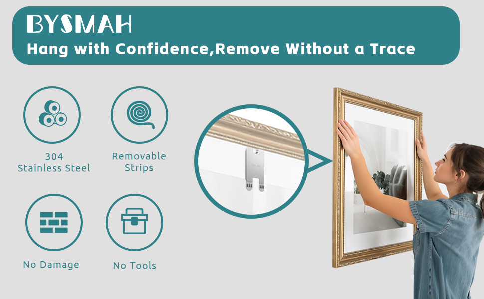 Text reads 'BYSMAN'. Product demonstration infographic showing picture hanging process with icons indicating 'No Damage' and 'No Tools'. Features steps for hanging and removing wall decor.