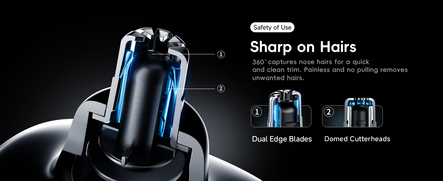Electric hair trimmer with dual edge blades and domed cutterheads. Features 360° capture for quick trimming, minimizing pulling. Black and blue design on dark background with product details.