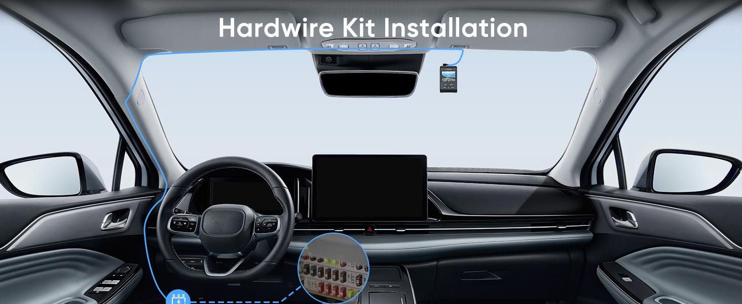 Installation diagram: routing cable from fuse box to dashcam behind rearview mirror in car interior.
