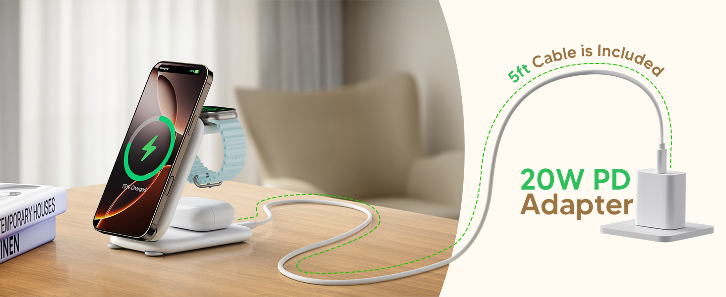 Text reads '20W PD' and 'Adapter'. Product demonstration showing charging adapter and cable in use with electronic devices on a desk surface.