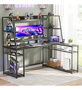 63'' Large L Shaped Gaming Desk with LED Lights &amp; Power Strips, Reversible Gaming Table Desk with...