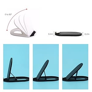 Adjustable phone stand shown in various positions. Diagram indicates 0 to 80 degree tilt range and 0.2in thickness when folded.