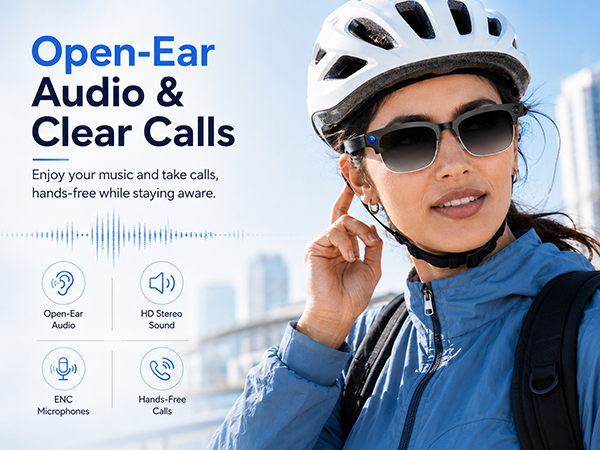 Open-ear AI smart glasses with HD stereo sound, ENC microphones, clear calls and hands-free audio.