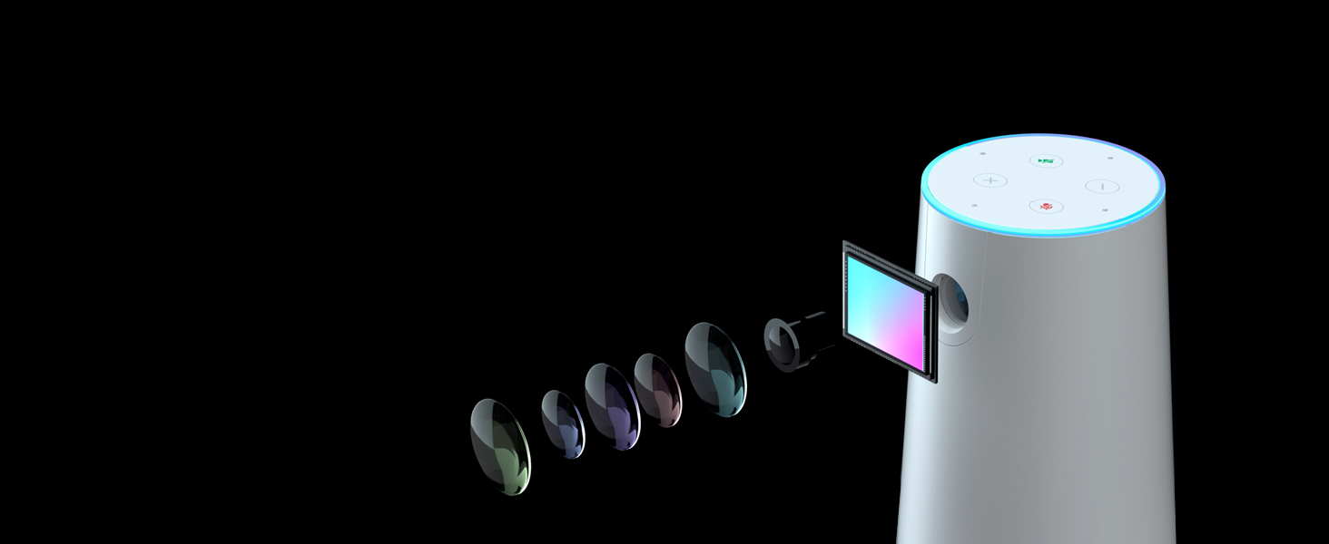 Cylindrical white smart speaker with blue light ring projecting a series of dark curved shapes against a black background.