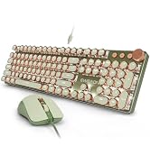 Wired Typewriter Keyboard and Mouse Combo, Low Noise Pink Switch-Green | White Backlit, Retro Pun...