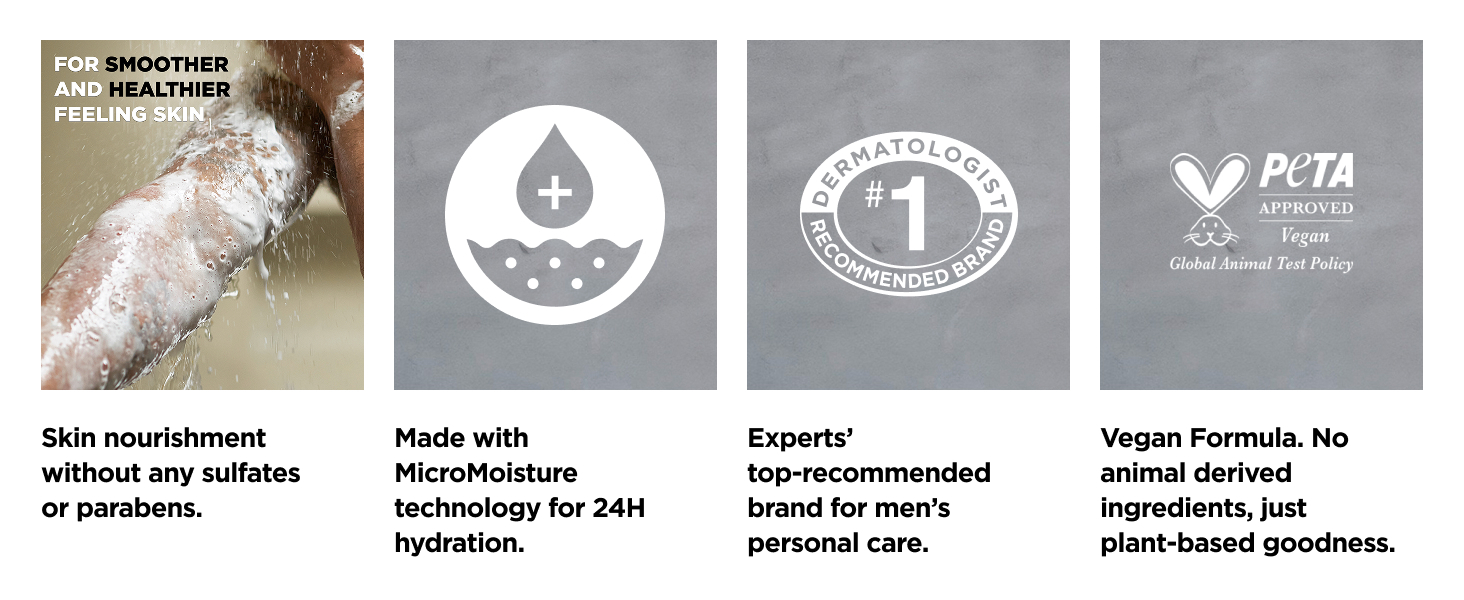Icons about no sulfates or parabens, MicroMoisture, expert's recommended brand &amp; PETA approved seal.