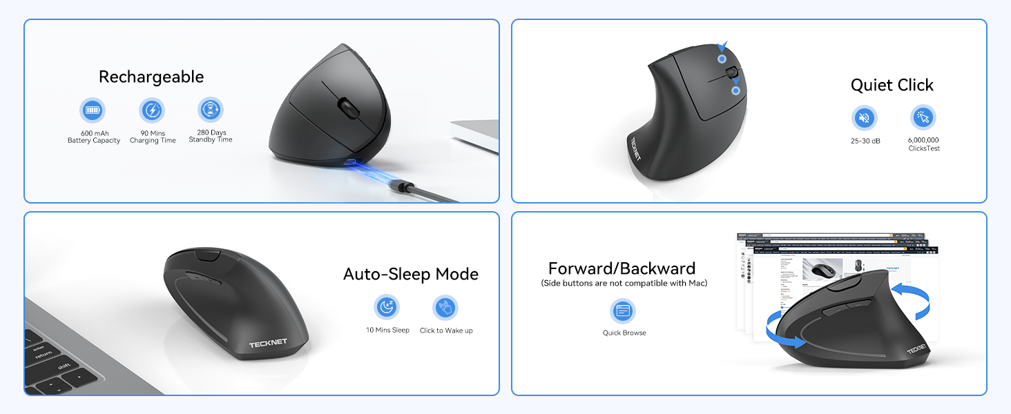 rechargeable, quiet, auto sleep, side buttons