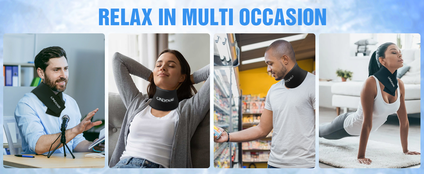Collage of four scenes showing a neck massage device being used in different settings - at a desk, relaxing, in a store, and during exercise.