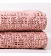 ISAENNE Pink Thin Waffle Weave 100% Cotton Throw Blanket,Solid Color Breathable Soft Cooling Blan...