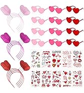 PLULON 34 Pieces Valentines Heart Headbands Heart Shape Sunglasses Temporary Tattoos Stickers Val...