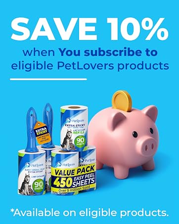 PetLovers lint rollers and refills beside a piggy bank with text: Save 10%
