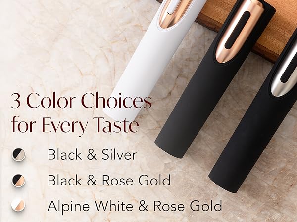 Rechargeable wine opener set in four elegant colors to match kitchen counter decor or home bar