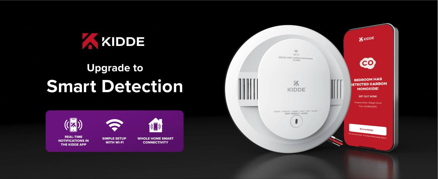 Kidde Smart Smoke and CO Detector with phone featuring Kidde App, 30CUAR-W_desktop