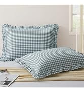 KKJIAF 2 Pcs Plaid Ruffle Pillow Case Standard Size, Washed Cotton Gingham Ruffled Euro Sham Pill...