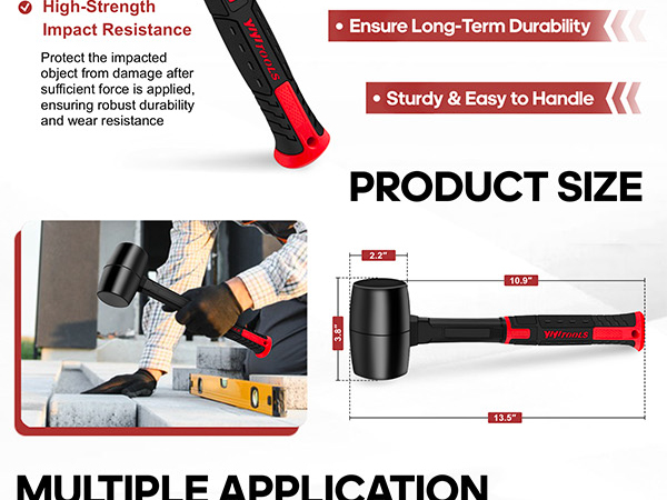 The PP+TPR composite hammer handle effectively reduces vibration, lessens arm strain.