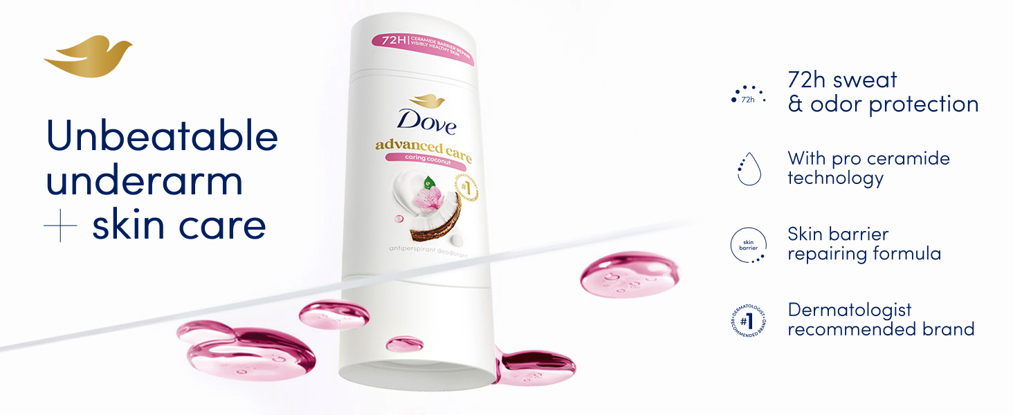 Dove&amp;#39;s Invisible Caring Coconut antiperspirant spray next to product&amp;#39;s benefits &amp;amp; product drops.