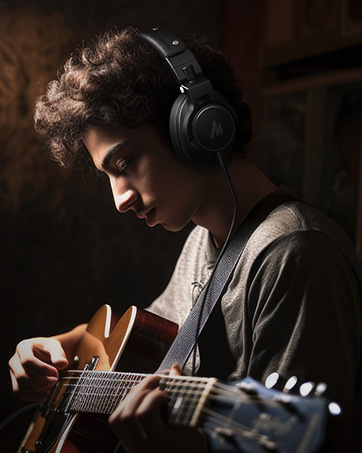 Large black over-ear headphones worn by a person playing an acoustic guitar. The headphones feature a prominent headband and circular ear cups.