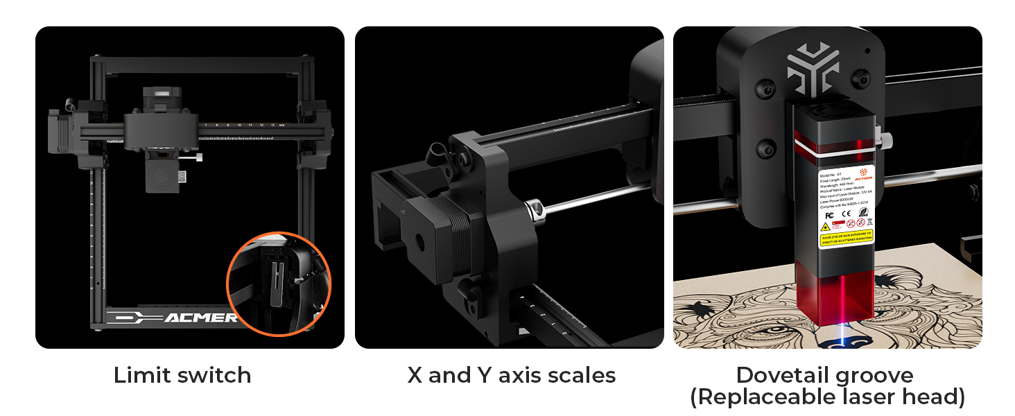 Technical diagram sequence showing 'Limit switch' and 'X and Y axis scales' components of mechanical device, with labeled parts and assembly instructions.