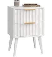 YAUKOMEL Fluted Nightstand with 2 Drawers,Modern Bedside Table with Metal Handles,White Side Tabl...