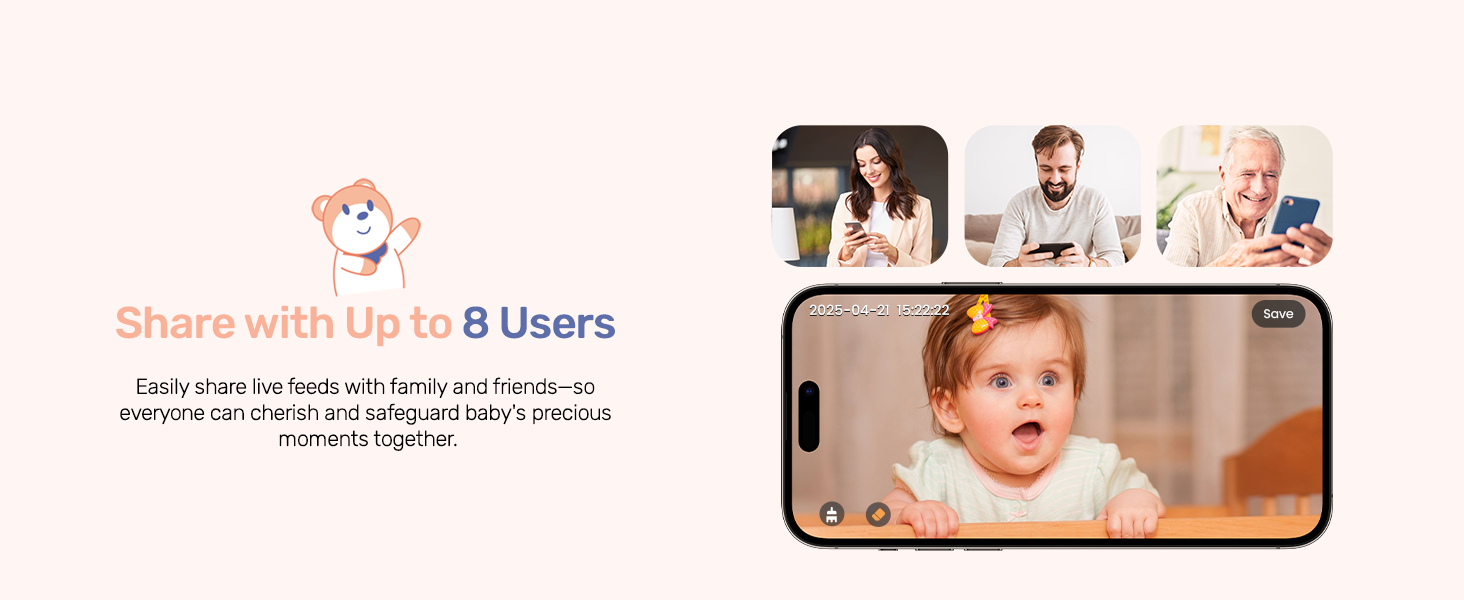 Text reads: 'Share with Up to 8 Users'. Mobile phone display showing video call interface with multiple participants shown in small panels.