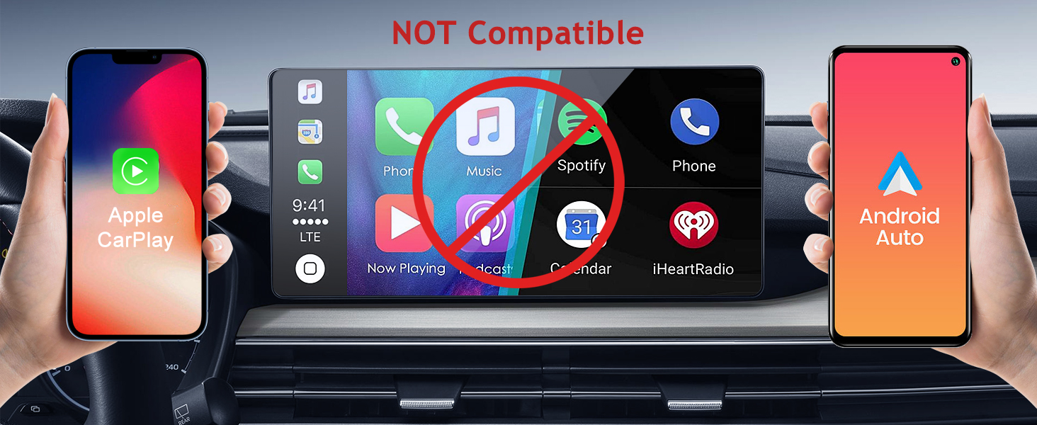 Car infotainment system display showing incompatibility between Apple CarPlay and Android Auto, with hands holding smartphones on either side.